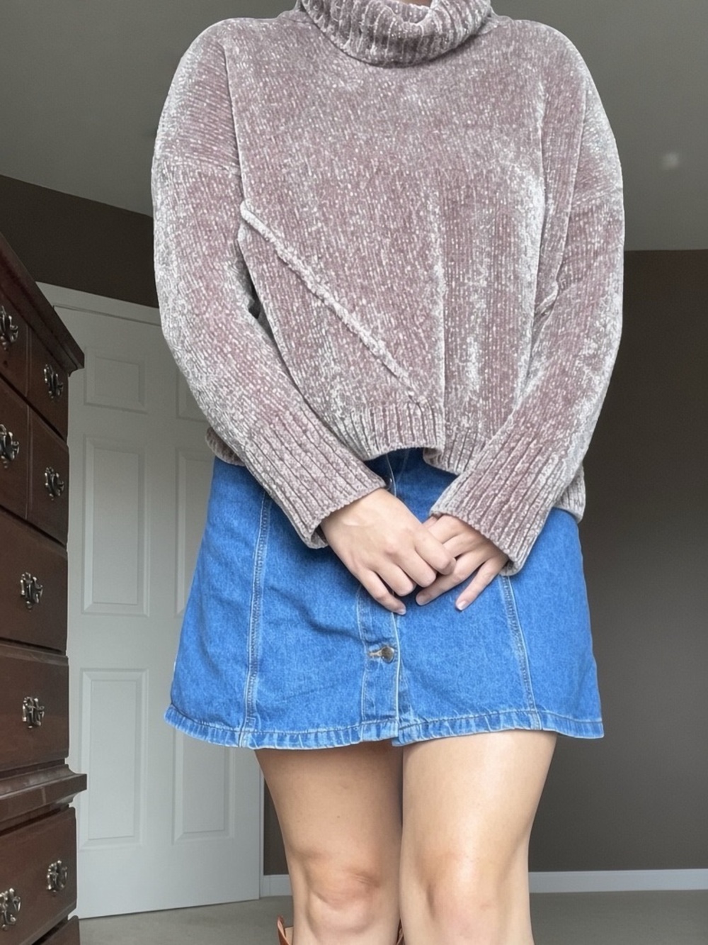 Pink Rose Plush Chenille Cowl Neck Sweater - Mauve